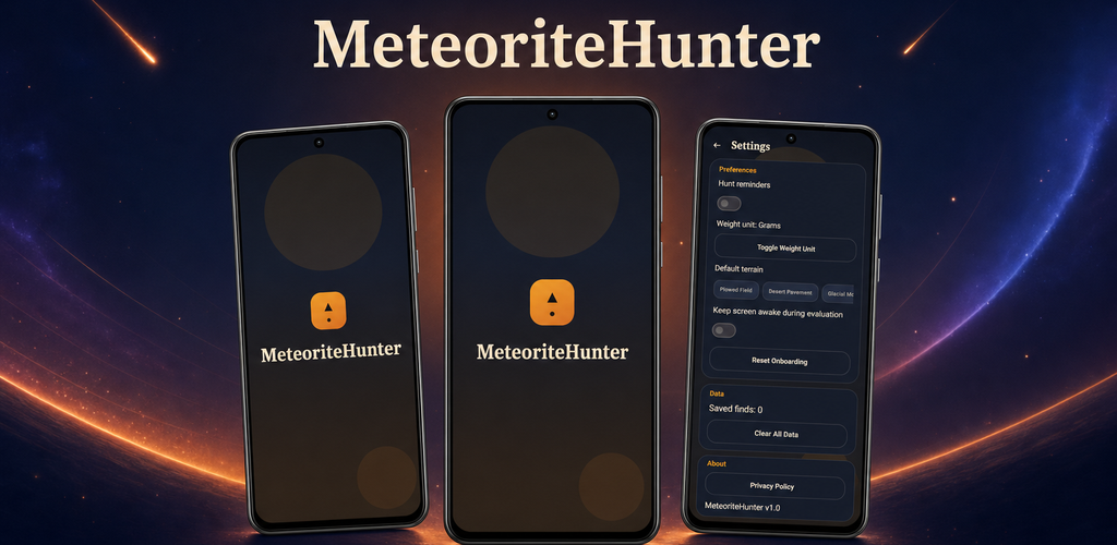 MeteoriteHunter banner showing Android screens