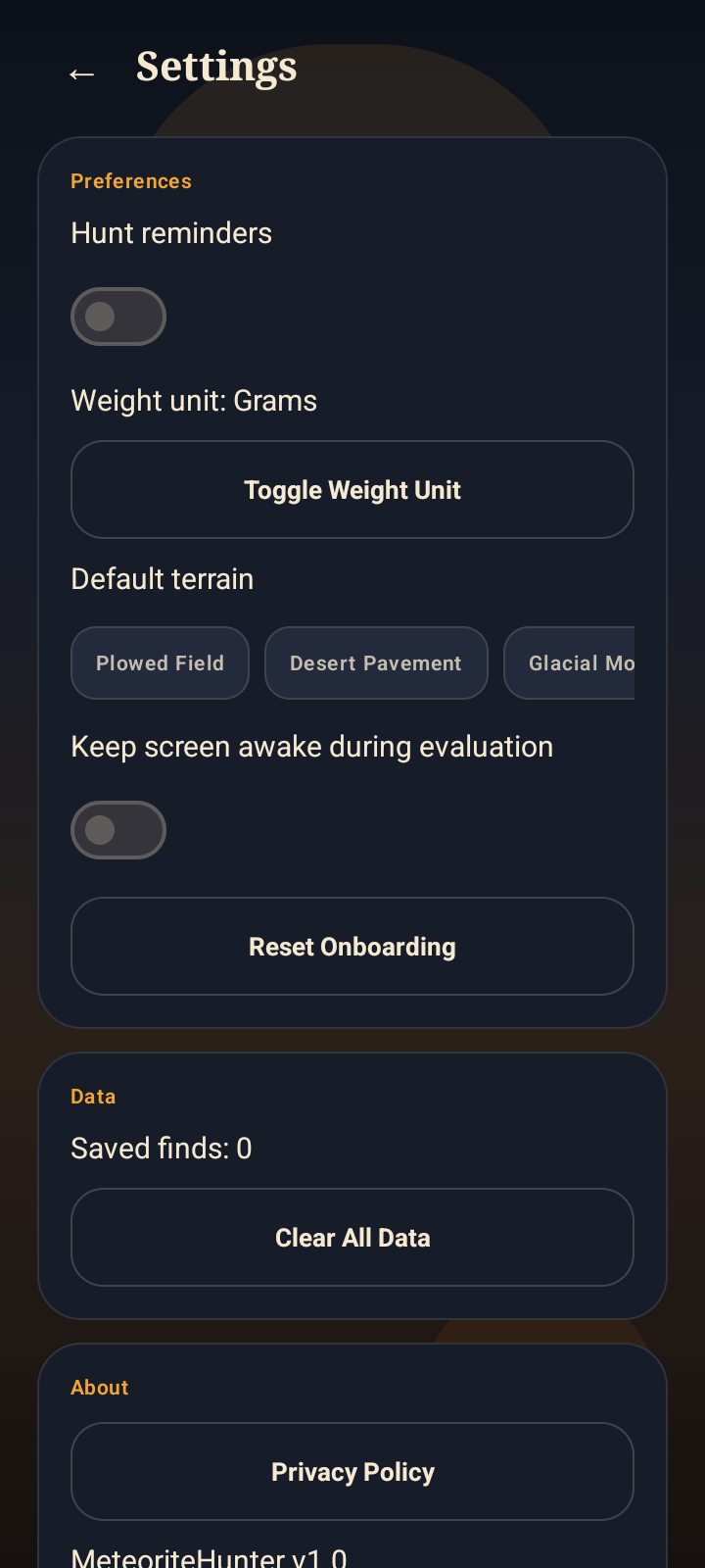 Settings screen with privacy policy button inside the app