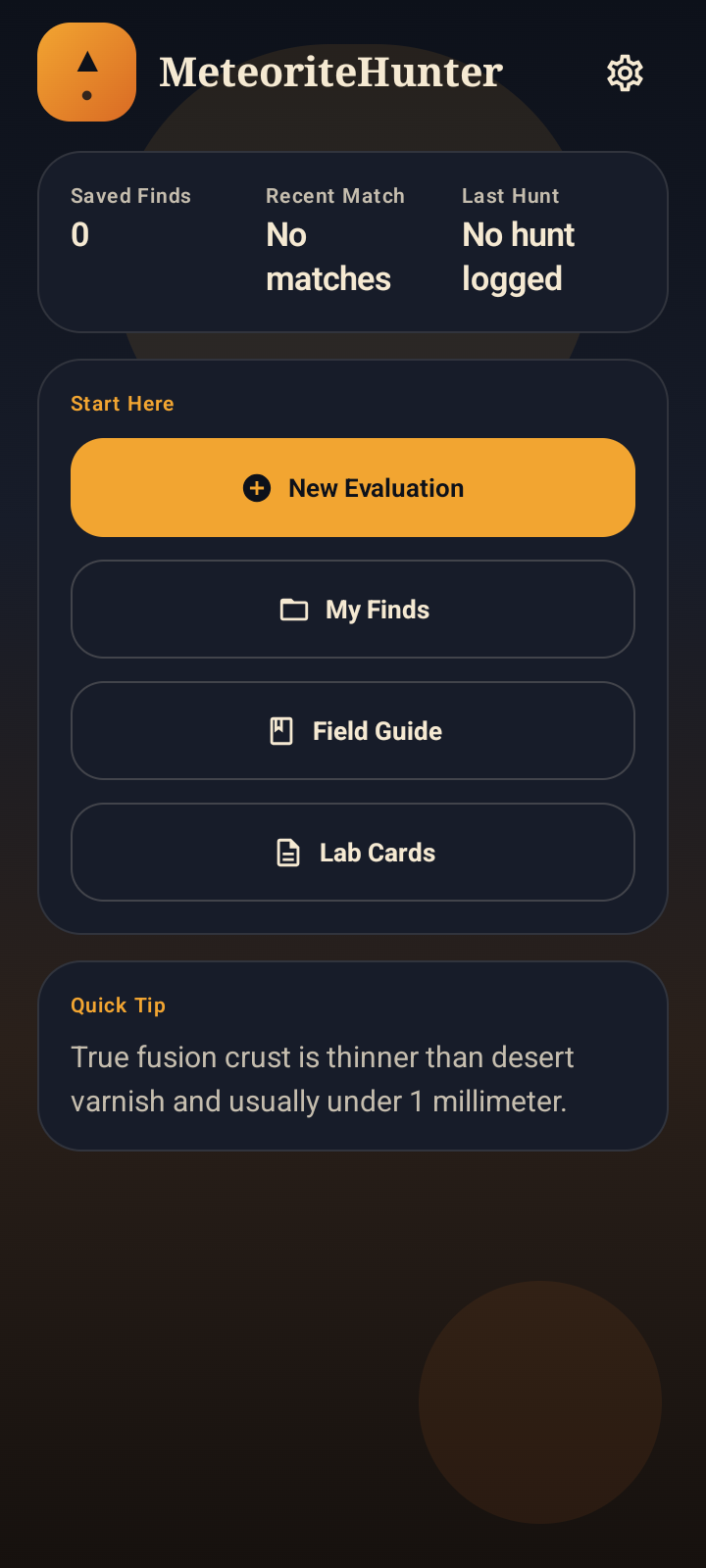 MeteoriteHunter home dashboard